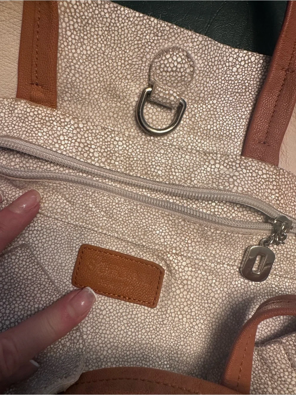 White and Silver Shimmery Textured Leather Tote Bag with Brown Straps